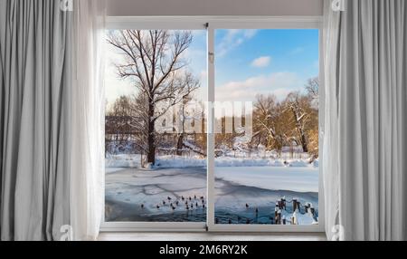 Blick vom Fenster auf die schneebedeckten Bäume Stockfoto