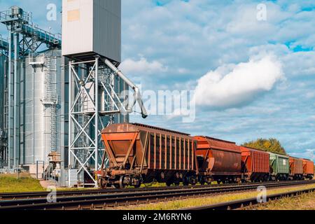 Beladen von Eisenbahnwagen mit Getreide am Kornelevator Stockfoto