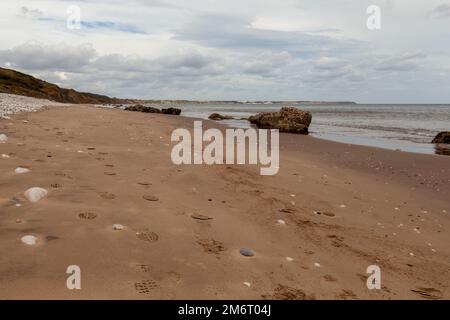 Der weitläufige Strand, der den ganzen Weg nach Filey, North Yorkshire, führt Stockfoto