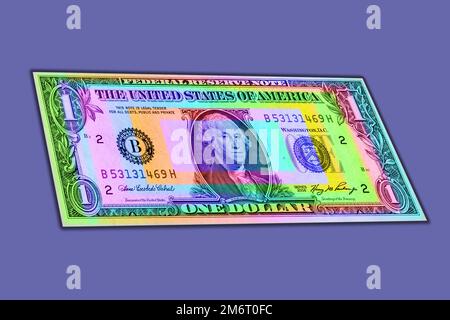 Hintergrund mit zeitgenössischen Kunstwerken mit farbigen Banknoten. Digitaler Texturhintergrund. Trendige Pop-Art-Spaßkultur. Neuronale Netzwerkkunst Stockfoto