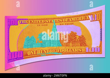 Hintergrund mit zeitgenössischen Kunstwerken mit farbigen Banknoten. Digitaler Texturhintergrund. Trendige Pop-Art-Spaßkultur. Neuronale Netzwerkkunst Stockfoto
