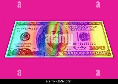 Hintergrund mit zeitgenössischen Kunstwerken mit farbigen Banknoten. Digitaler Texturhintergrund. Trendige Pop-Art-Spaßkultur. Neuronale Netzwerkkunst Stockfoto