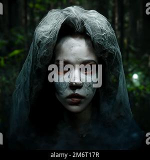 Halloween-Karte für eine tote Frau im Wald bei Nacht Stockfoto