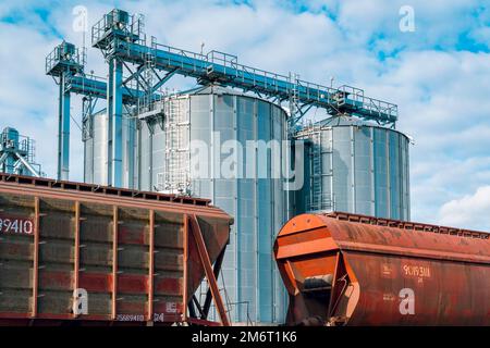 Nahaufnahme von Eisenbahnwaggons mit Getreide am Kornelevator Stockfoto