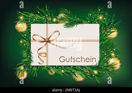 Gutschein Grüne Weihnachtszweige Goldene Kugeln Weiß Stockfoto