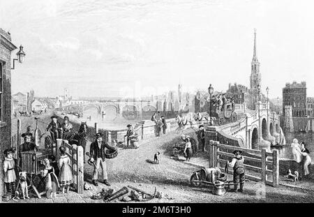 Abbildung eines Peepshow Street Showmans (unten links) in Ayr, Schottland in den 1840er Jahren Stockfoto