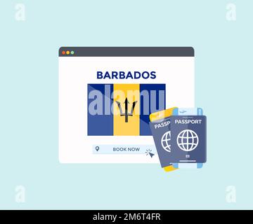 Online-Buchungsservice auf Webbrowser-Website, Reise, Reiseplanungsland Barbados Nationalflagge Logo-Design. Online-Reservierung von Flugtickets. Stock Vektor