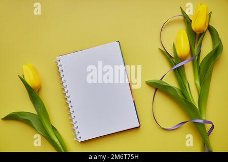 Gelbe Tulpen und Notizblock-Modell. Frauentagskonzept. Lila Band in Form von Nummer 8. Wunschkarte oder Einladungskarte. Speicherplatz kopieren. Oben Stockfoto