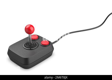 Retro-Computer-Joystick mit zwei Tasten auf weißem Hintergrund Stockfoto