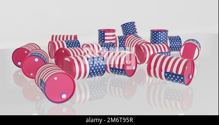 3D Rohölfässer fallen unter US-Flagge Stockfoto