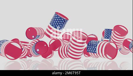 3D Rohölfässer fallen unter US-Flagge Stockfoto