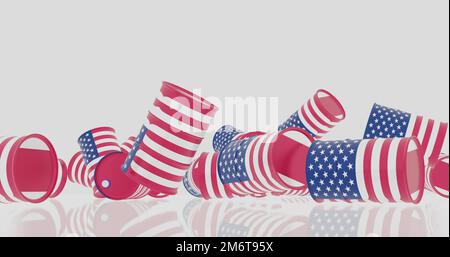 3D Rohölfässer fallen unter US-Flagge Stockfoto