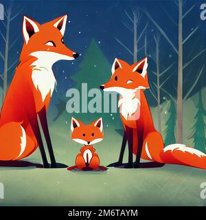 Süße Fuchsfamilie in den Wäldern im Winter Stockfoto