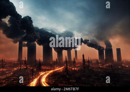 Rauch aus Fabrikschornsteinen apokalyptische Zerstörung der Erde Stockfoto