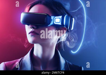 Frau trägt eine Virtual-Reality-Brille VR-Headset, Virtual-Reality, zukünftiges Technologiekonzept. Asiatische Frau, die VR-Brillen in CO verwendet Stockfoto