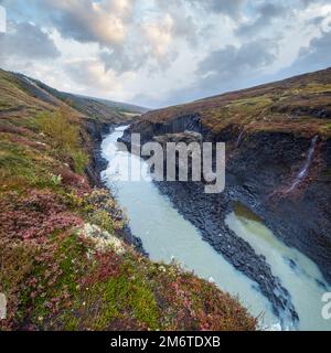 Herbst die malerische Studlagil-Schlucht ist eine Schlucht in Jokuldalur, Ostisland. Berühmte säulenförmige Basaltsteinformationen und Jokl Stockfoto