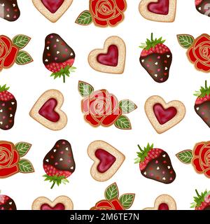 nahtloses Muster zum valentinstag mit Keksen und Erdbeeren. nahtlose textur zum valentinstag mit Süßigkeiten Stock Vektor