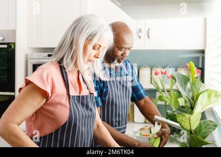 Glückliches, abwechslungsreiches Senior-Paar mit Schürzen und Kochen in der Küche Stockfoto