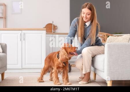 Junge Frau mit rotem Cockerspaniel in der Küche Stockfoto