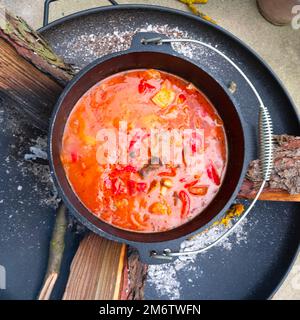 Kessel ungarische Gulaschsuppe mit Kartoffeln Stockfoto