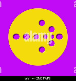 Ein Pfeil aus magentafarbenen Punkten auf einem gelben Kreis weist in diesem 3-D-Hintergrundbild auf die Richtung. Stockfoto