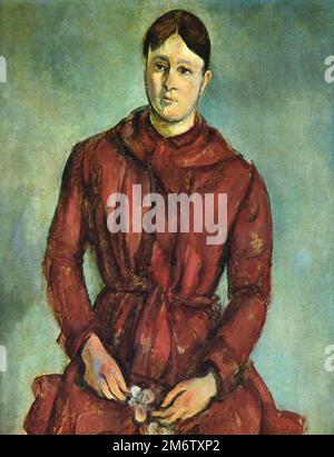 Madame Cézanne (Hortense Fiquet) in einem roten Kleid, das 1890 vom französischen Impressionisten Paul Cézanne gemalt wurde Stockfoto