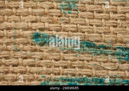 Struktur aus braunem Leinenholz, raues Gewebe mit Fasern für Beutel, Makro Stockfoto
