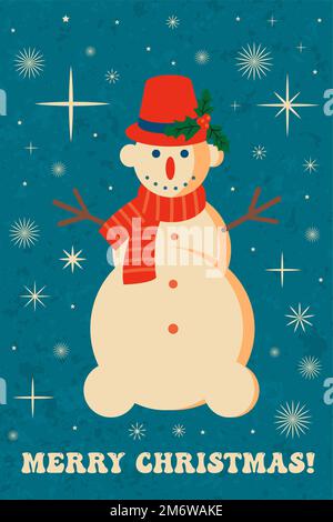 Weihnachtskarte mit Schneemann. Illustration im Retro-Stil Stockfoto