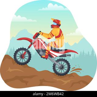 Motocross Illustration mit einem Fahrer, der mit dem Fahrrad durch Schlamm, felsige Straßen und Abenteuer fährt, in Extreme Sport Flat Cartoon Hand Drawn Template Stock Vektor