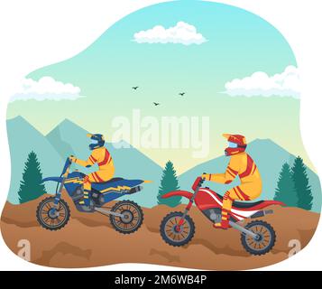 Motocross Illustration mit einem Fahrer, der mit dem Fahrrad durch Schlamm, felsige Straßen und Abenteuer fährt, in Extreme Sport Flat Cartoon Hand Drawn Template Stock Vektor