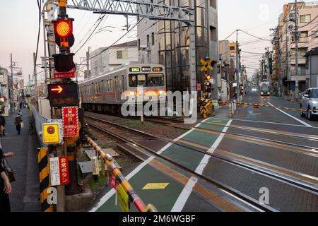 Tokio, Japan. 12. November 2022. Ã Pendler warten, bis der Zug der Tokyu ÅŒimachi-Linie an einem Bahnübergang in der Nähe der Todoroki-åŠ-Schlucht vorbeifährt. Rush Hour, Rapid Transit. Schnellbahn, Tokyo Metro, Tokyu Corporation. (Kreditbild: © Taidgh Barron/ZUMA Press Wire) Stockfoto