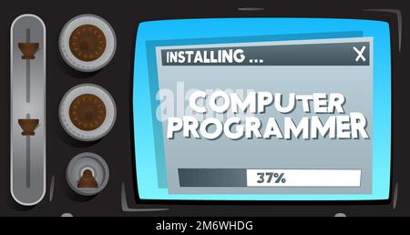 Cartoon Computer mit dem Wort Computer Programmer. Meldung eines Bildschirms, der ein Installationsfenster anzeigt. Stock Vektor