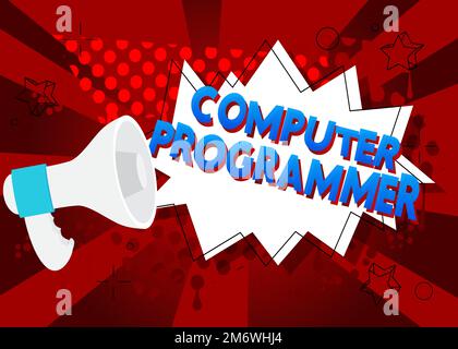 Text für Computerprogrammierer mit Zeichentrickfilm Megaphon. Abbildung der Vektorankündigung. Stock Vektor