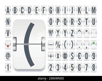 Flughafen-Flipboard normale Schriftart für die Börsenkurse . Weißes Terminal, mechanisches Scoreboard mit Zahlen zur Darstellung des Ziel- und Abflugvektors Stock Vektor