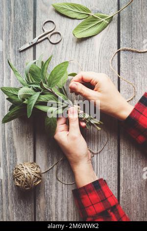 Salbeiblatt-Bundle in den Händen, Hanfschnur und Schere auf altem Holztisch Stockfoto