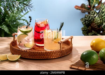 Glitzernde Cocktails mit Eis und Zitrusfrüchten auf einem Korbteller. Beliebte helle, erfrischende alkoholische Getränke. Erfrischende Sommergetränke. Stockfoto