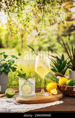 Zwei farbenfrohe Sommercocktails auf dem Tisch. Harte Seltercocktails mit verschiedenen Früchten: Limette und Zitrone. Sommerparty Tisch Outdo Stockfoto