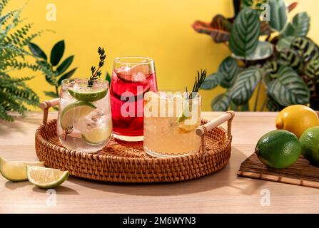 Glitzernde Cocktails mit Eis und Zitrusfrüchten auf einem Korbteller. Beliebte helle, erfrischende alkoholische Getränke. Erfrischende Sommergetränke. Stockfoto