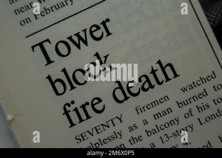 Tower Block Fire Death - News Story aus 1975 Zeitung Schlagzeile Artikel Titel Stockfoto