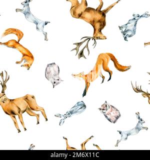 Wildtiere, Hase, Fuchs, Eule, Hirsch Aquarell nahtloses Muster auf Weiß isoliert. Winter Walddruck, handgezeichnet von Wald. Design für Textil, Winter Stockfoto
