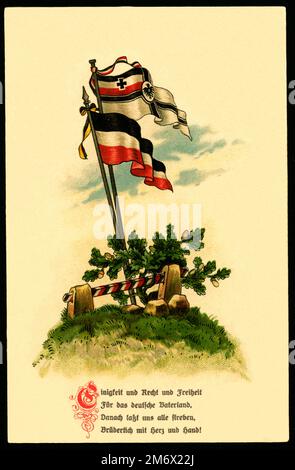 Europa, Deutschland, Schleswig-Holstein, Gammellund, 1. Weltkrieg, Propaganda, patriotische Postkarte mit der Reichskriegsflagge und der schwarz-weiß-rot Flagge und der Nationalhymne, verschickt am 21. 09 . 1915 , Rechte werden nicht vertreten . / Europa, Deutschland, Schleswig-Holstein, Gammellund, WW I , Propaganda, patriotische Postkarte mit der so genannten Reichskriegsflagge und der schwarz-weiß-roten Flagge zusammen mit der Nationalhymne von Deutschland, geschickt 21. 09. 1915 , es gibt keine Rechte. Stockfoto