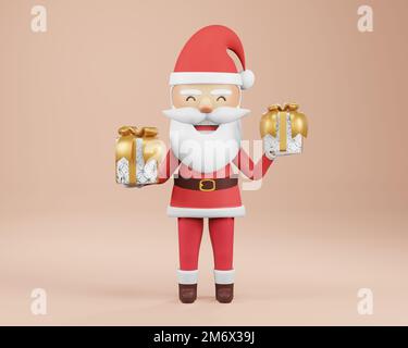 3D Render, Weihnachtsmann mit Geschenk, Frohe weihnachten, Weihnachtsmann mit Geschenkschachteln Stockfoto