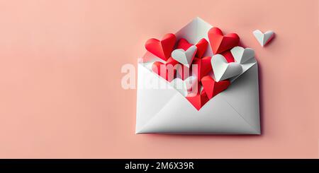 Liebesbriefumschlag mit handgefertigten Herzen aus Papier – flach liegend auf pinkfarbenen Valentinstag- oder Jubiläumshintergrund mit Kopierbereich Stockfoto
