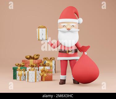 3D Render-, frohes neues Jahr und fröhliche Weihnachtskarte. Fröhliche Weihnachten, weihnachtsmann-Klausel mit Geschenk Stockfoto