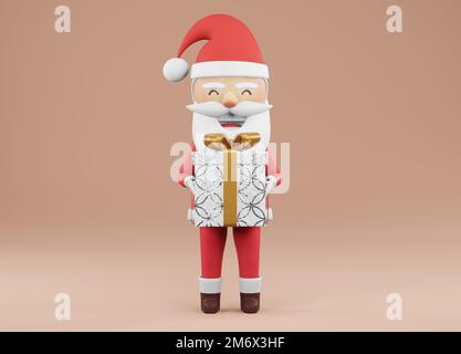 3D Render, Weihnachtsmann hat ein weißes Geschenk, ein frohes neues Jahr und eine fröhliche Weihnachtskarte. Stockfoto