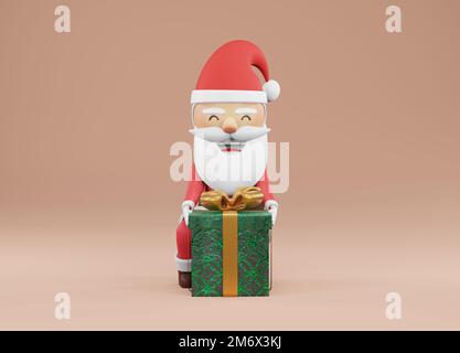 3D Rendering, Weihnachtsfeier. Der Weihnachtsmann öffnet die Geschenkbox Stockfoto