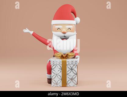 3D Rendering, Weihnachtsfeier. Der Weihnachtsmann öffnet die Geschenkbox Stockfoto