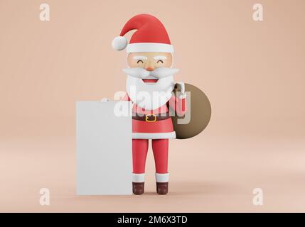 3D Rendering , Weihnachtsmann Weihnachtskarikatur, die über ein Schild blickt , das sie übergibt . "Frohes neues Jahr und fröhliche Weihnachtskarte". Leeres Zeichen Stockfoto