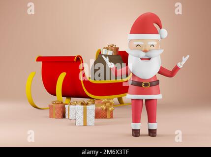 3D Render, der Weihnachtsmann und der Schlitten, und bringt viele Geschenke mit Stockfoto