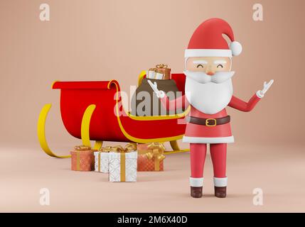 3D Render, der Weihnachtsmann und der Schlitten, und bringt viele Geschenke mit Stockfoto